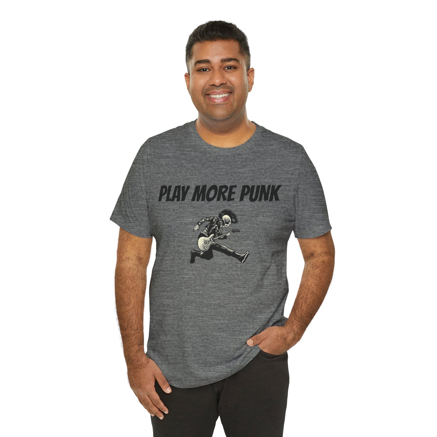 Play More Punk T-Shirt | Punk Rock Graphic Tee with Guitarist Jump | Unisex Short Sleeve Punk Music Shirt | Rock Band Streetwear